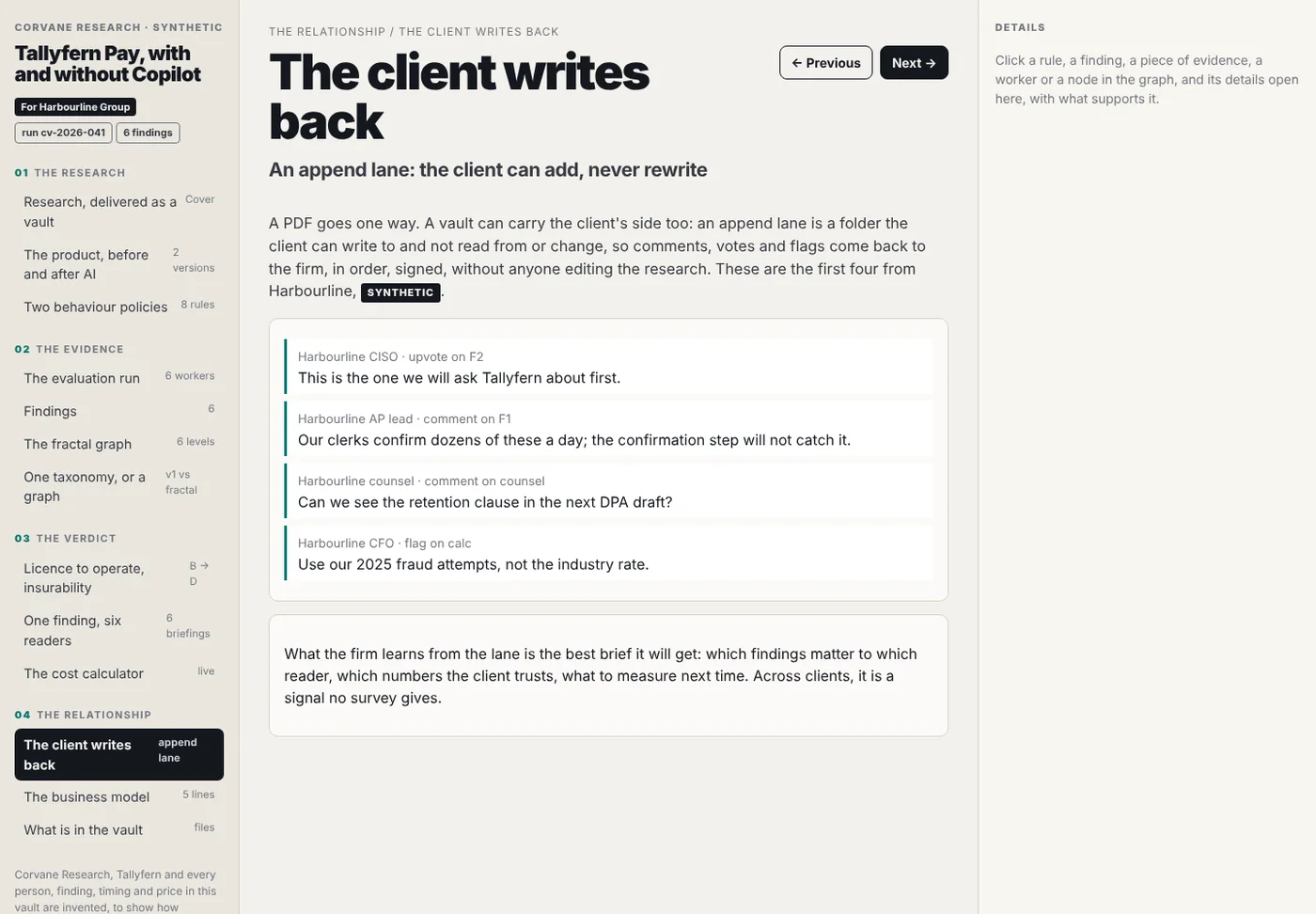 The client writes back: an append lane of comments, votes and flags.