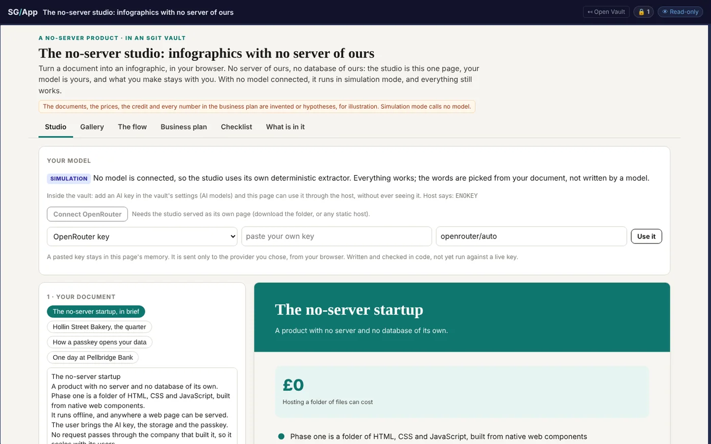 The studio opened from its vault in the official vault UI, read-only, with the published key. The host reports no AI key for a public read, so the studio stays in simulation.