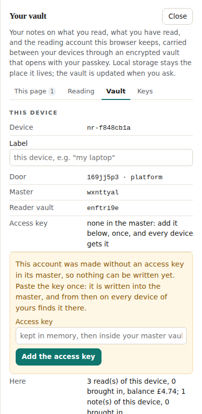 The Vault tab offering to add the access key