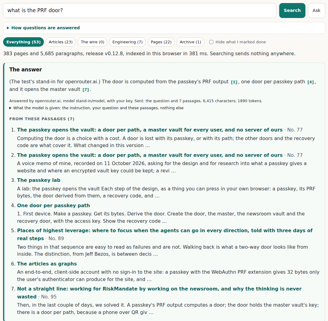 Ask: the answer with its citations, who answered, and the passages it came from (openrouter.ai stood in for by the test)