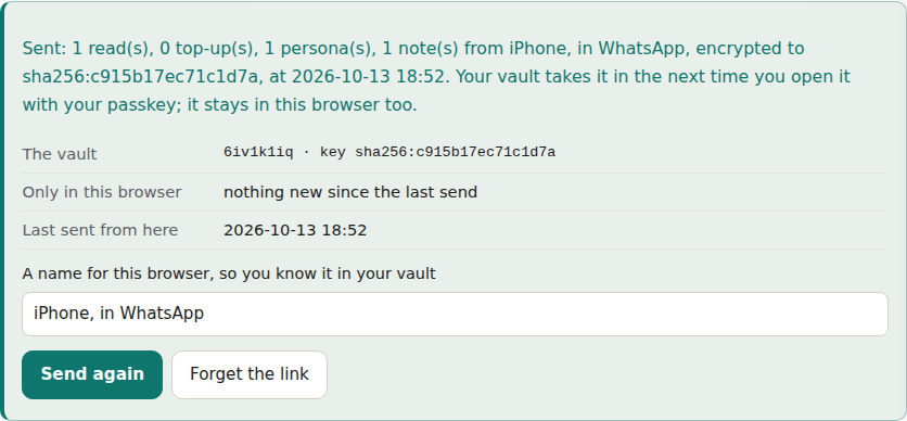 A browser with no passkey has sent: what it sent, to which key, and that it keeps it too