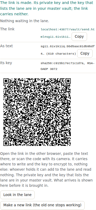 The link in the Vault tab: shortened, with Copy, the text, the key and the QR code