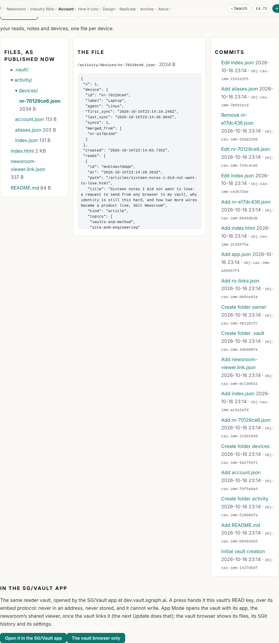 The browse page: files, a merged device's file, the commits